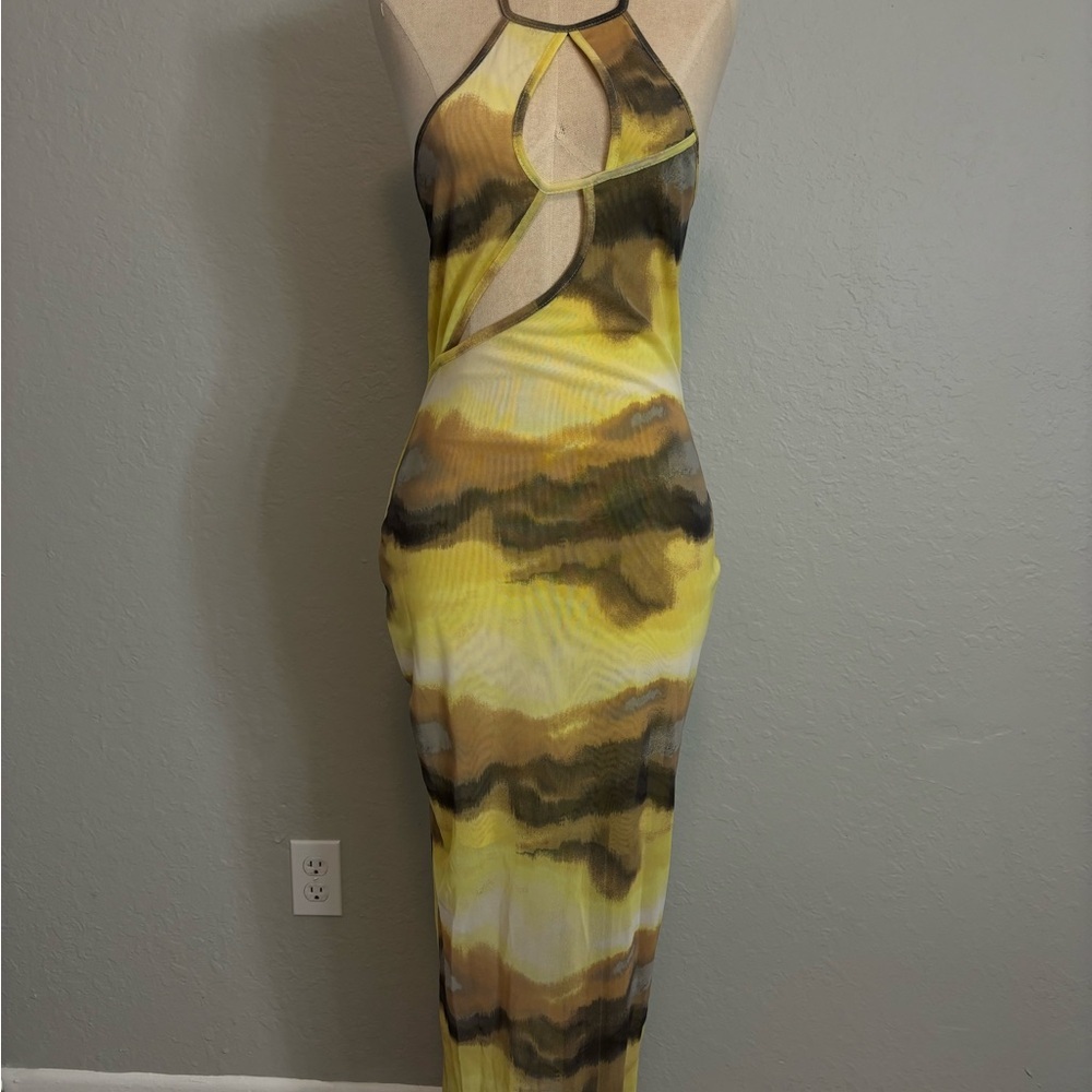 Yellow and Brown Halter Maxi Dress